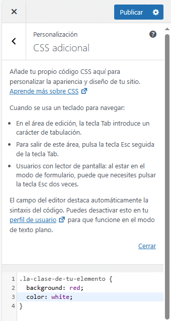 Captura de la pestaña del Personalizador llamada CSS adicional, que también sirve para cambiar el diseño de tu web