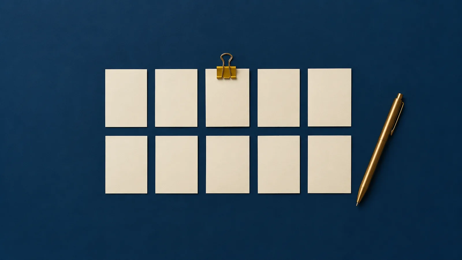 Diez tarjetas lisas en dos filas, una con un clip mostaza, junto a un bolígrafo dorado sobre fondo azul