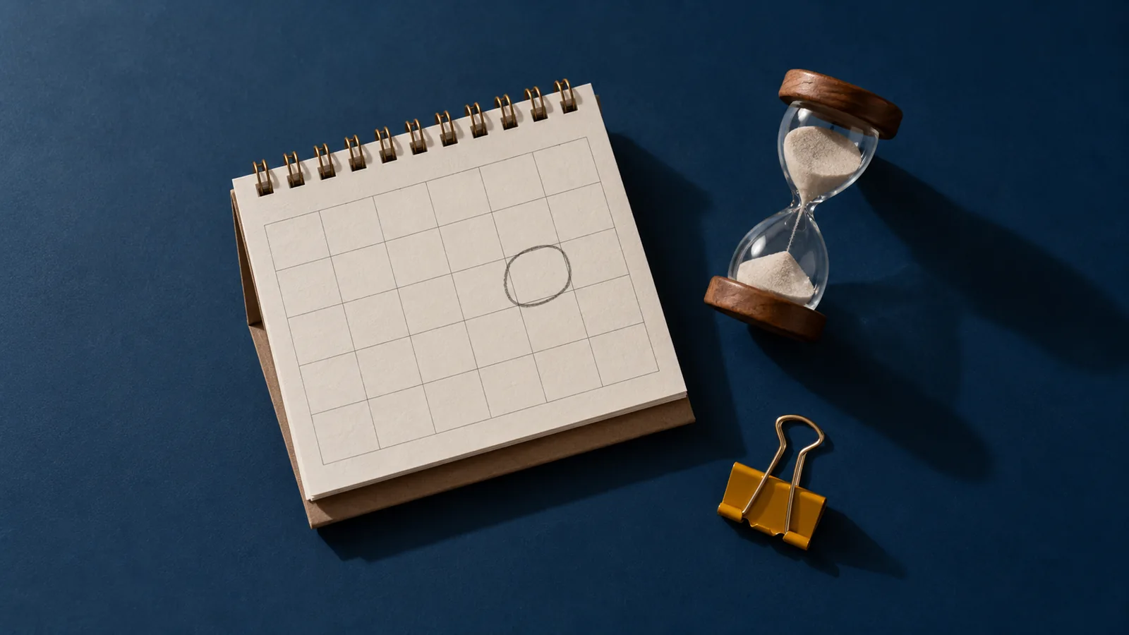 Calendario de sobremesa con una casilla rodeada a lápiz, un reloj de arena y un clip mostaza sobre fondo azul