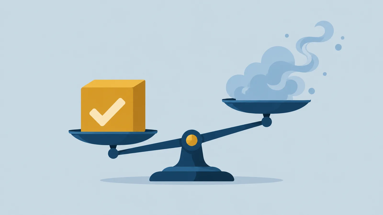 Ilustración plana de una balanza que se inclina hacia un bloque mostaza con una marca de verificación frente a una nube de humo